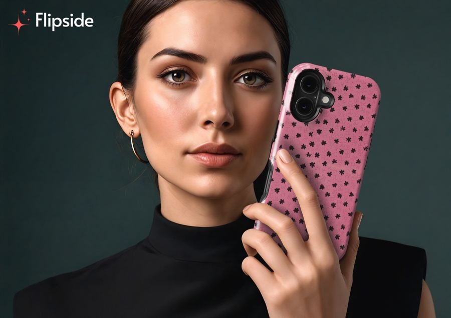 Woman holding a pink Flipside phone case